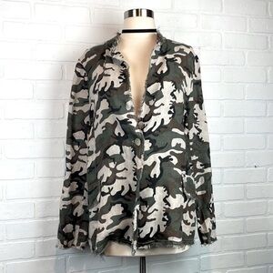 Tempo Paris Lagenlook 100% Linen Camo Print Blazer Jacket M